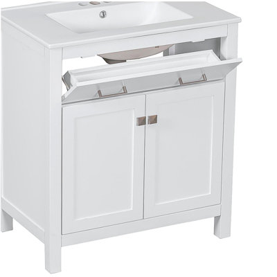 Armoire de salle de bain 30 po avec lavabo en céramique, armoire de salle de bain blanche à une porte avec 2 portes et une tablette