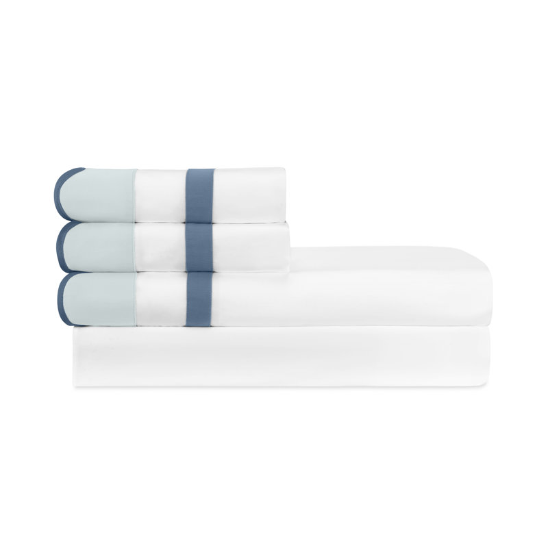 Portofino Sateen Sheet Set, White/Sion Blue/Slate Blue, King Sheet Set + 2 Pillowcases