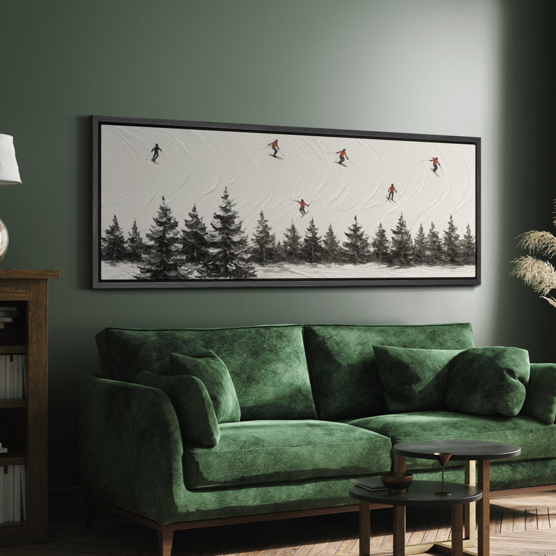 Large Framed Canvas Print Wall Art - Abstract Skiing Winter Landscape Print for Modern Home Decor, 20" H x 60" W, Black