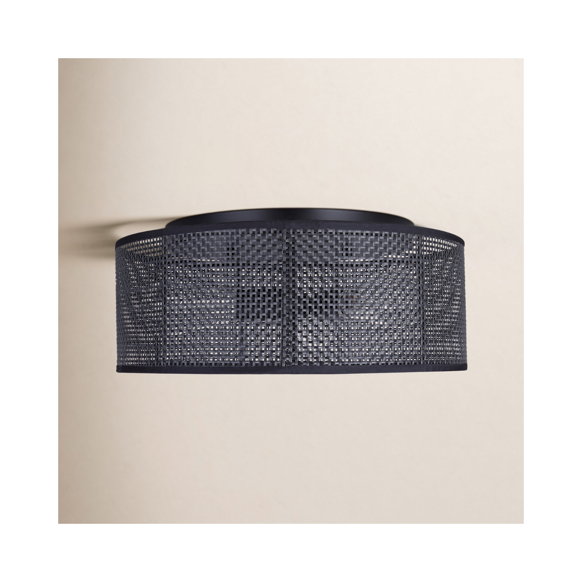 BELLAMY 16.25 In. 3-Light 60-Watt Contemporary Black Flush Mount With Black Faux Rattan Shade, Matte Black