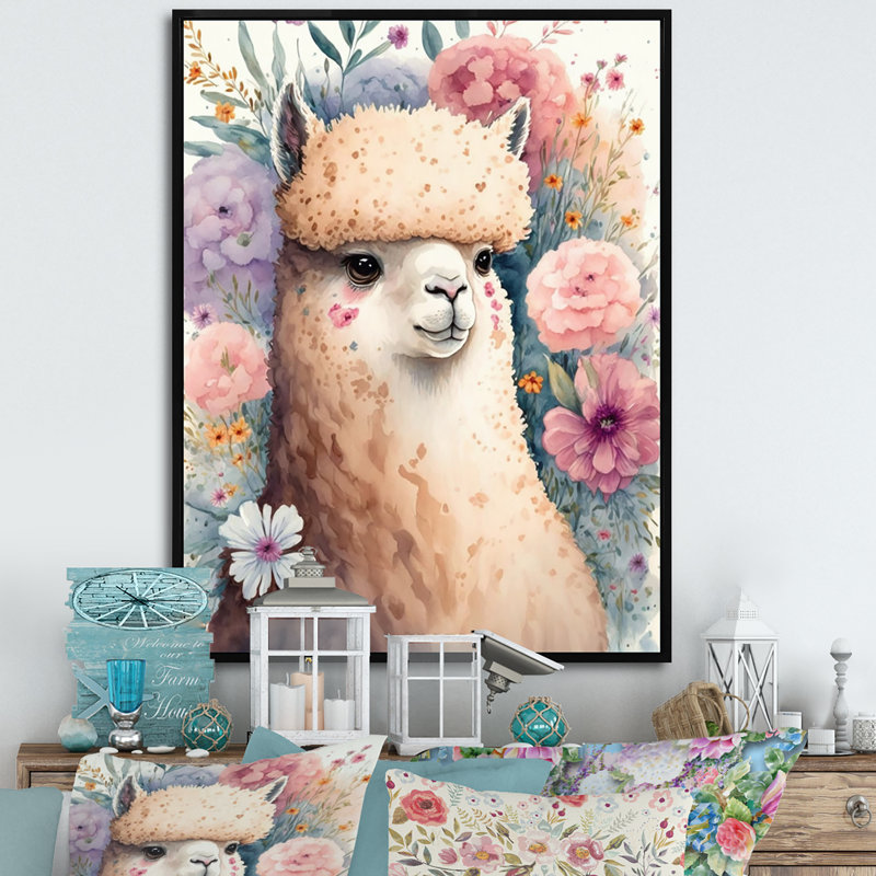 «Flower Alpaca Watercolor IV», reproduction sur toile, H 40 po x l 30 po x P 1,5 po, Toile avec cadre flottant noir