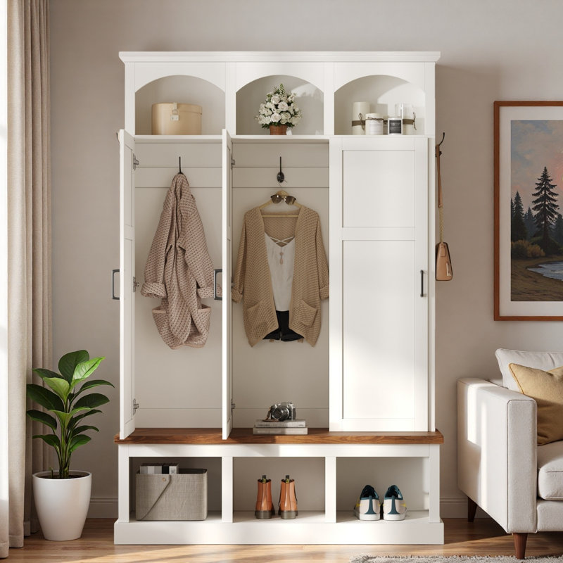 Farmhouse Arched Design Hall Tree With 3 Hidden Storage, 5 Hooks, Compartments Amd Bench, White
