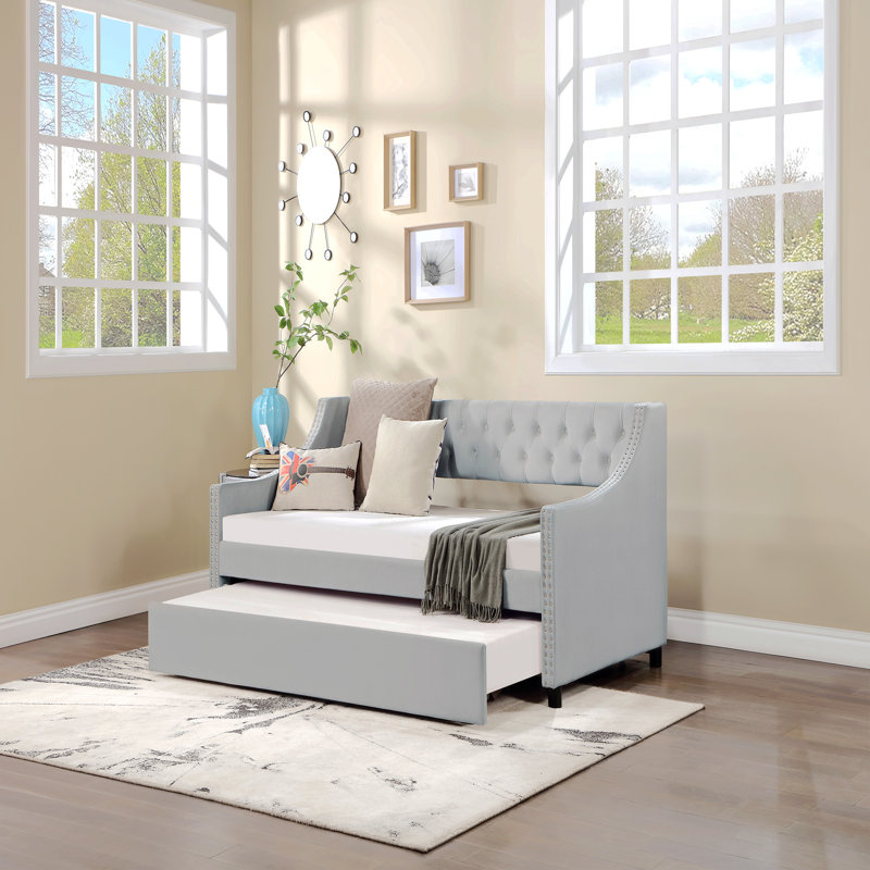 Upholstered Daybed With Trundle,Sturdy Wood Bedframe W/ Bedframe Tufted Button & Copper Nail On Arms Design,For Bedroom,Guest Room Furniture,No Box Spring Needed