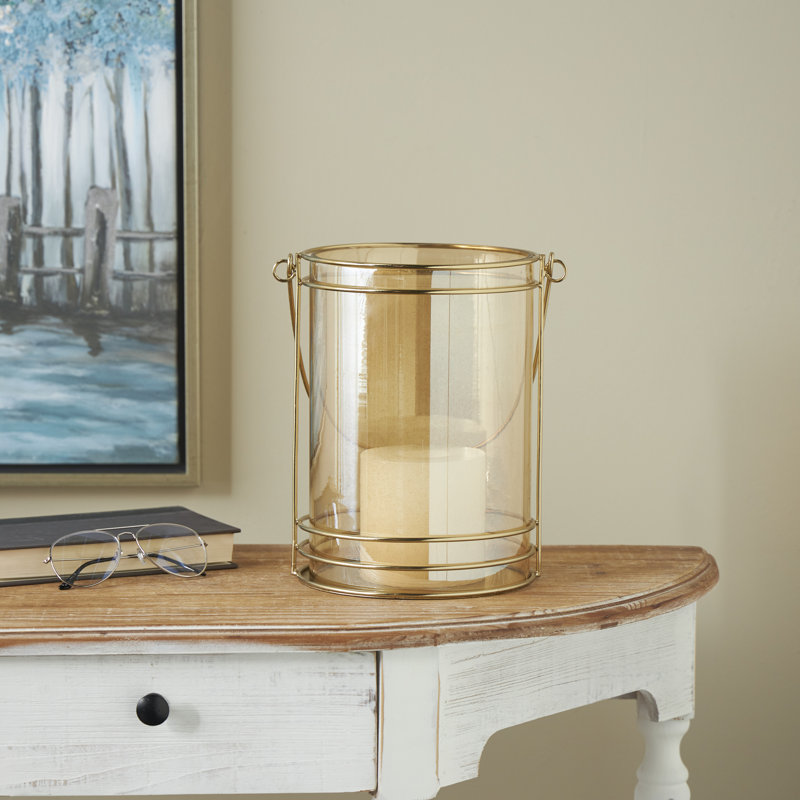 Metal Indoor Outdoor Gold Candle Lantern with Thin Circular Rods and Tinted Glass, 10.38" H x 7.75" W x 9.38" D
