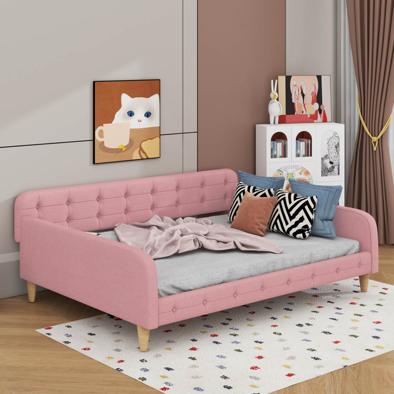 Queen Size Upholstered Daybed With 4 Support Legs, Rubine