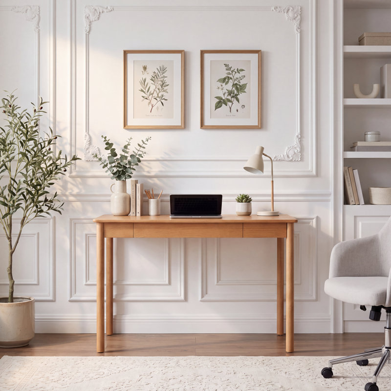 Bureau d'écriture moderne en bois massif 35,4 "avec 2 tiroirs, L 35 po, Natural