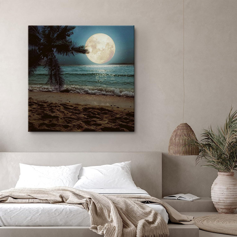 IDEA4WALL Harvest Moon Night Sky Tropical Ocean Beach Shore On Canvas ...