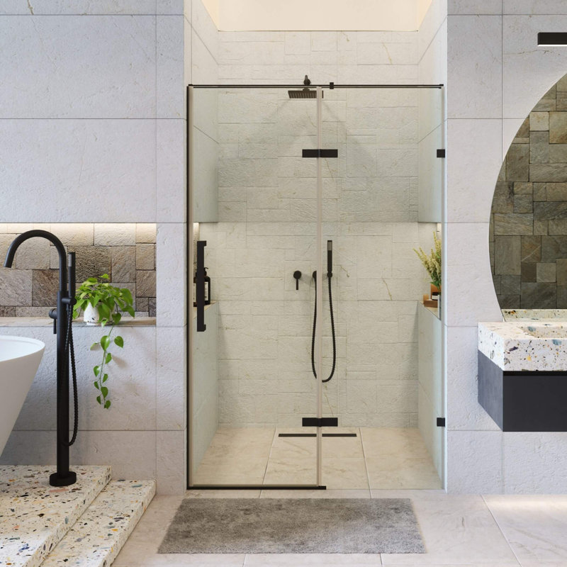 48'' W x 74.25'' H Hinged Frameless Shower Door, Black