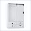 Armoire haute avec porte suspendue, tiroirs et tablettes ouvertes