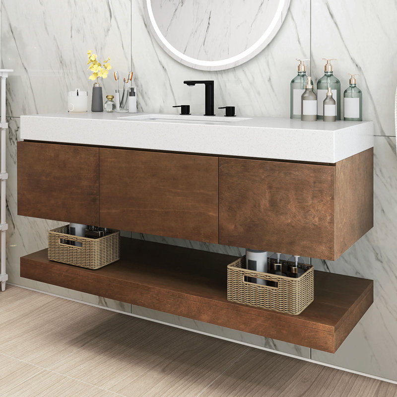  Meuble-lavabo mural 48 po avec plateau en pierre reconstituée 48 po, Brun