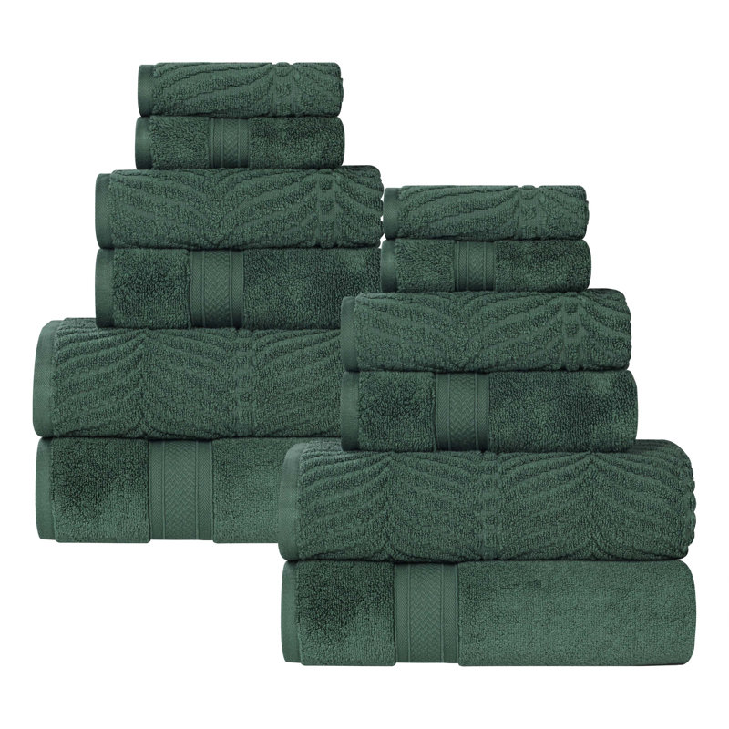 Purdey Chevron Zero Twist Solid and Jacquard Cotton 12 Piece Bathroom Towel Set, Forest Green