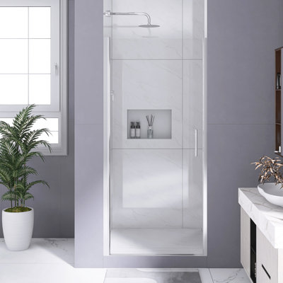 34 In. W × 72 In.H Pivot Half Frame Shower Door In Chrome | 1/4"(6Mm) Tempered Glass | Aluminum Frame | Explosion Proof Film |  | Magnetic Strip Aftracts｜Stainless Steel Handle
