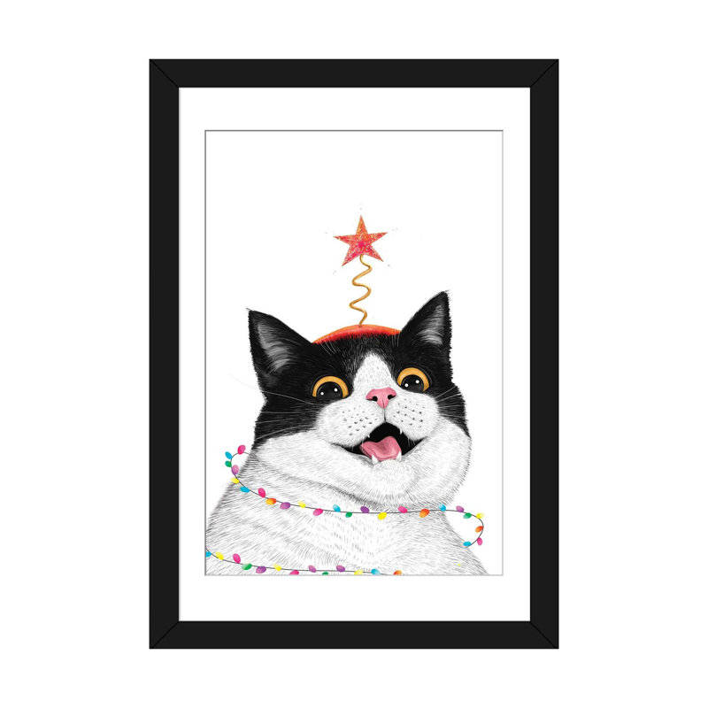 Chat de Noël - reproduction d'art murale - papier d'art encadré, H 32 po x l 24 po, Noir