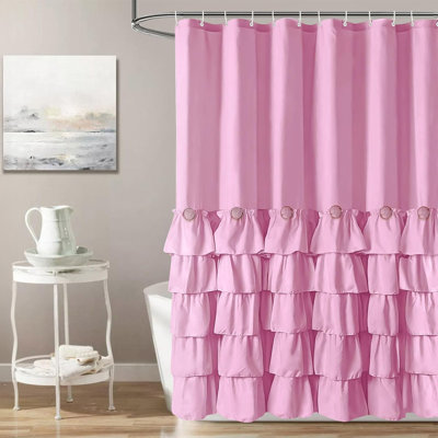 Fabric Shower Curtain with 12 Hooks - 72X72 inches, Ruffle Design for Bathroom Decor, Unique Button Detailing