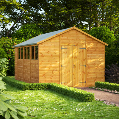 Powersheds 14 x 10ft Timber Tongue & Groove Apex Garden Shed, Double Doors