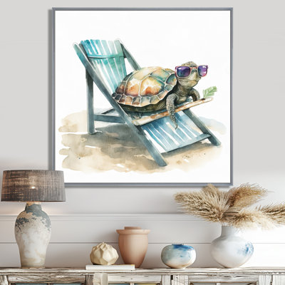Tortue allongée sur une chaise de plage avec lunettes de soleil II - reproduction sur toile