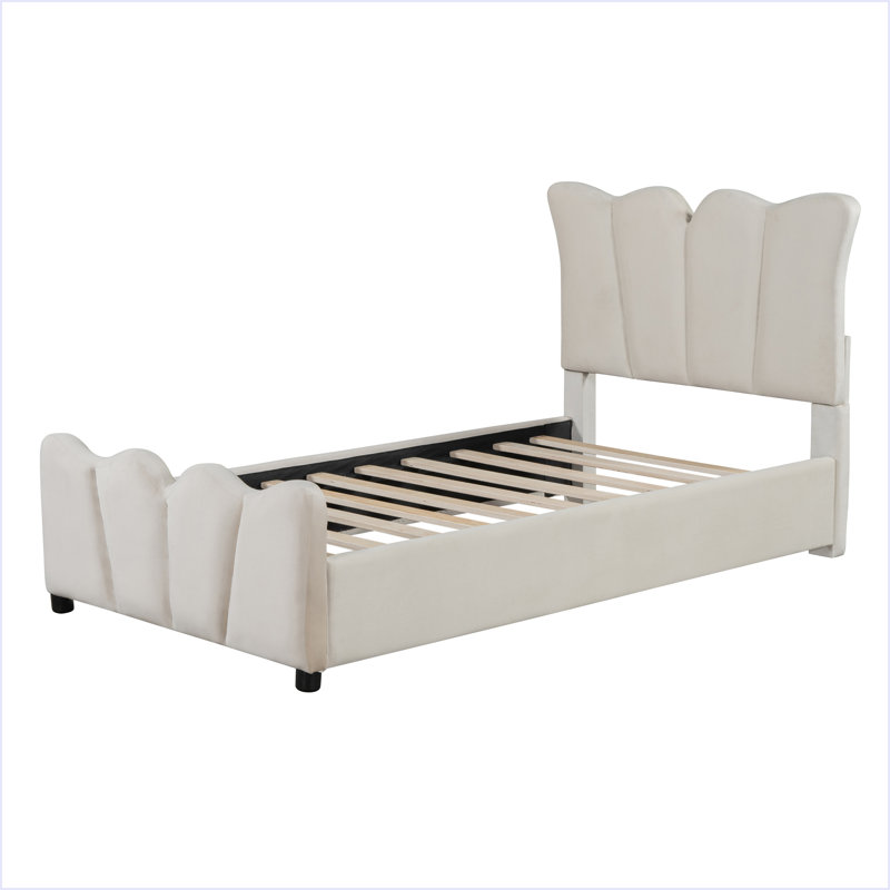 Lit plateforme tapissier en velours, Beige, Lit simple