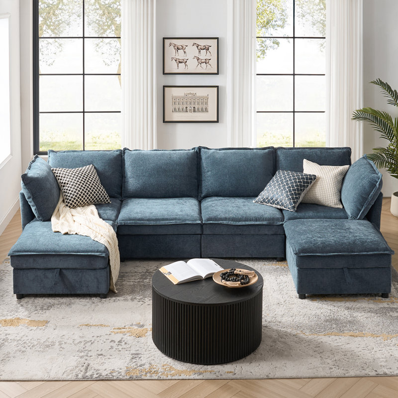 Talani Modern 323cm W 6 Seater Modular Corner Sofas with Hidden Storage, Blue