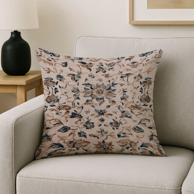 Coussin décoratif intérieur et extérieur Modern, Ivoire / bleu sarcelle / brun floral, Carré 16 po