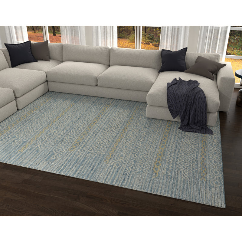 Tapis bleu en laine crocheté à la main Blige, Rectangulaire 9 pi x 13 pi