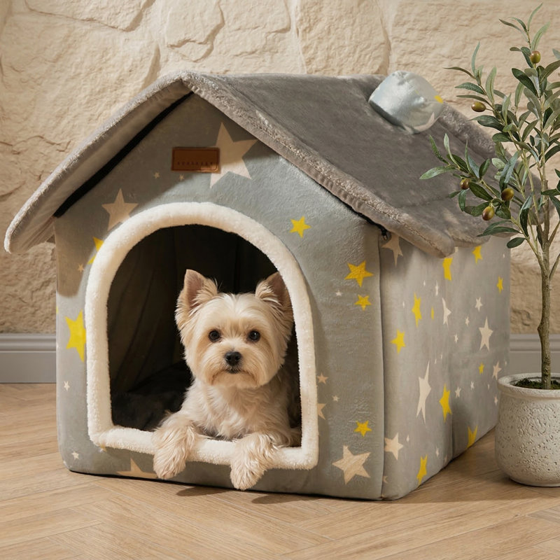 Niche intérieure pliable pour animaux de compagnie, nid de ferme chaud et moelleux avec coussin amovible, cachette de style condo pour petits animaux de compagnie, taille grand, gris