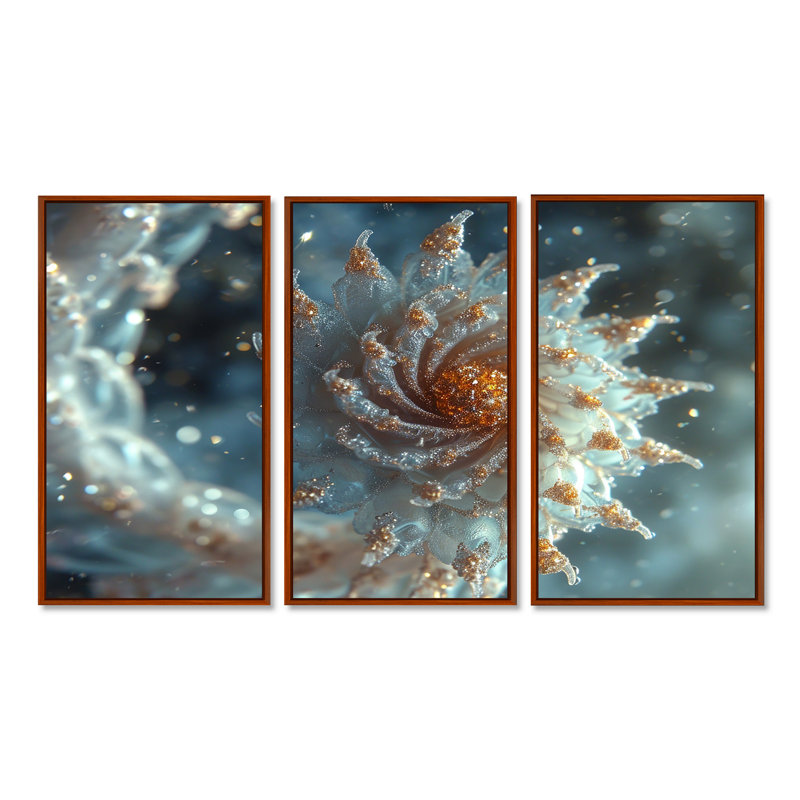 Winter Magic Curl - ensemble d'art mural fractal, Cadre flottant brun, H 32 po x l 48 po x P 1 po