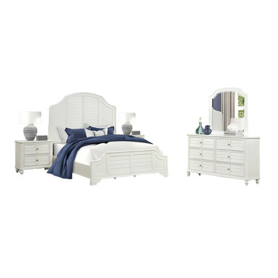 Ensemble de chambre pour grand lit 5 pièces Kyna, persienne courbée, blanc antique, 2 tables de chevet