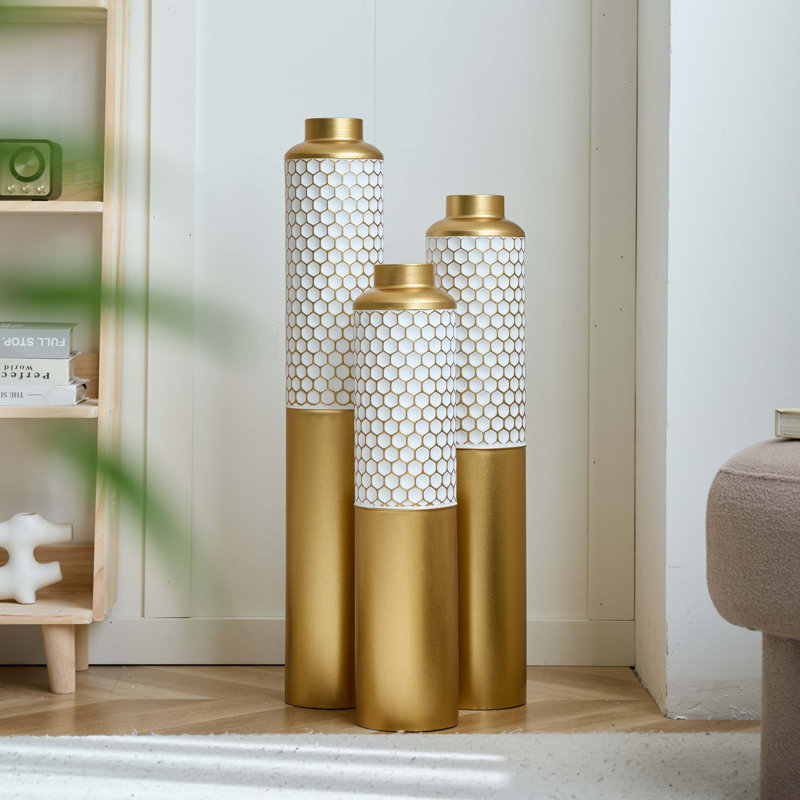 Decorative Metal Vase Set Of 3 With Geometric Hexagonal Texture, Gold And White Finish, Floor-Height Variants For Stylish, Stable Home Decor Accent.