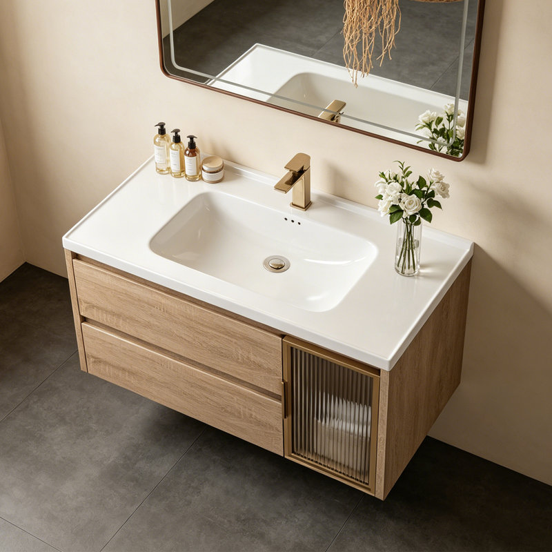 Ensemble de meuble-lavabo simple 36 po avec lavabo en céramique Latrey, 2 armoires en bois naturel