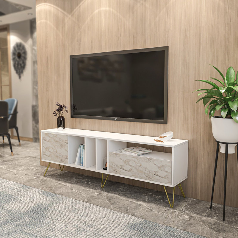 Meuble télé moderne avec pieds en métal, finition éphèse et or, 70,9 x 23,1 x 14,0 pouces | 100% panneau de particules enduit de mélamine, épaisseur: 0,7 pouce | Étagères murales spacieuses, design élégant et fonctionnel pour le salon