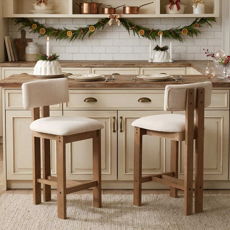 Francile Upholstered Counter Stool with Solid Wood Frame, Beige, Counter Stool (26" Seat Height)