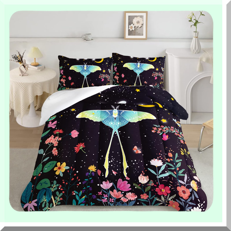Celestial Nightfall Comforter Set - Gothic Death Moth & Flowers Pattern Bedding - 3 Piece Quilt & Pillowcase Set - Soft, Breathable Sleep Essentials