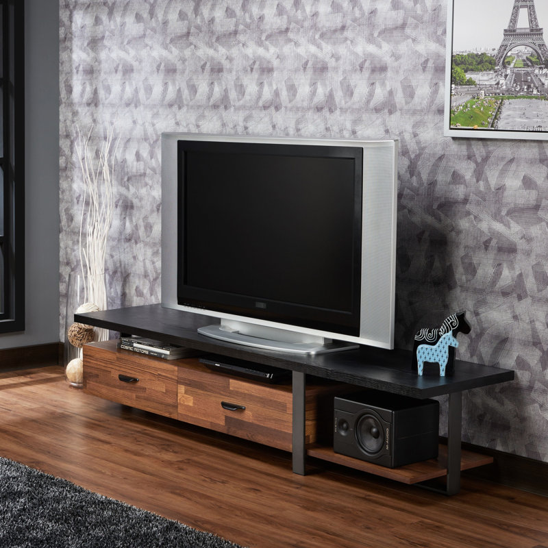 Modern Tv Stand With Black Metal Legs And Walnut Top For 50-59" Tvs Minimalist In 55" Flat Screens Powder-Coated Frame