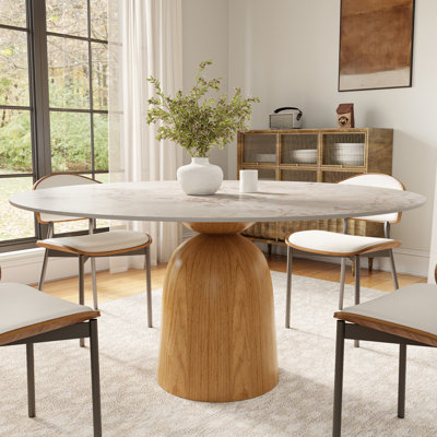 Modern Round Dining Table with Premium Sintered Stone Tabletop & Sturdy Solid Wood Pedestal Base for 2-6 Seats