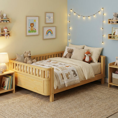 Lit plateforme pour enfant à profil bas avec rails de sécurité, structure de lit pour tout-petit amovible, support à lattes en bois, naturel, double