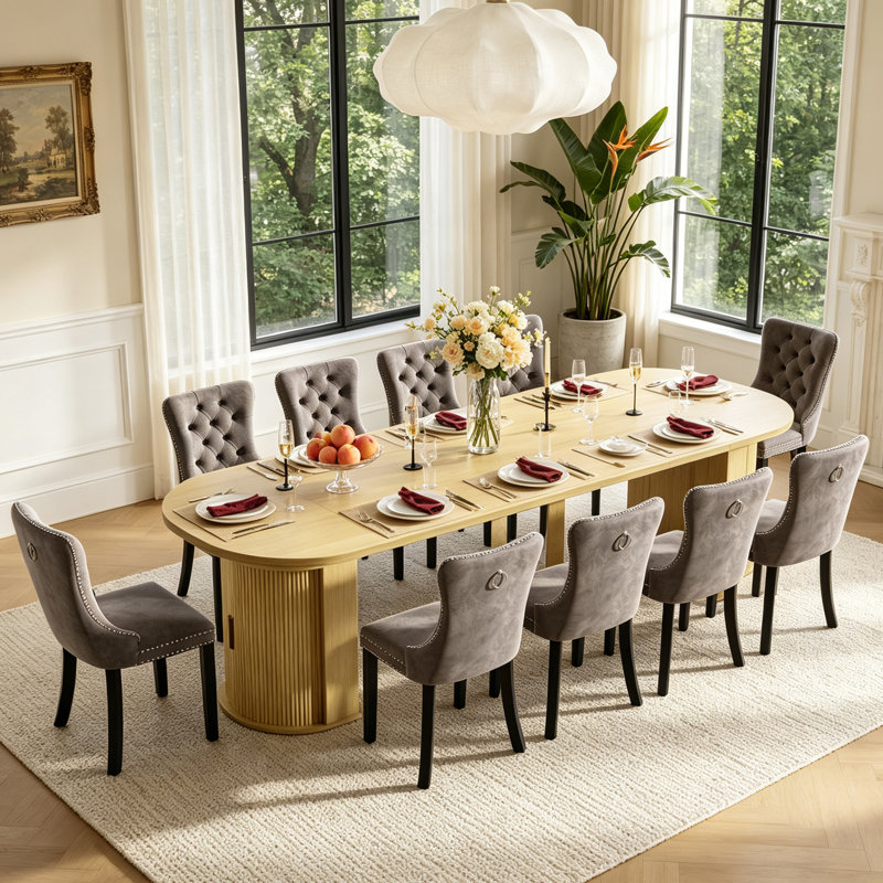 Table de salle à manger ovale extensible de 119 à 300 cm (47 à 118 pouces) pour 6, 8, 10 ou 12 personnes, grande table de cuisine extensible en bois naturel avec piètement cannelé et rangement intégré.