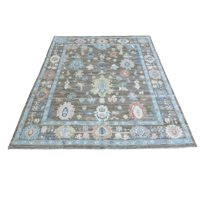 Tapis oriental brun Oushak coloré brun chocolat noué à la main 8 x 9 pi 8 po G10957