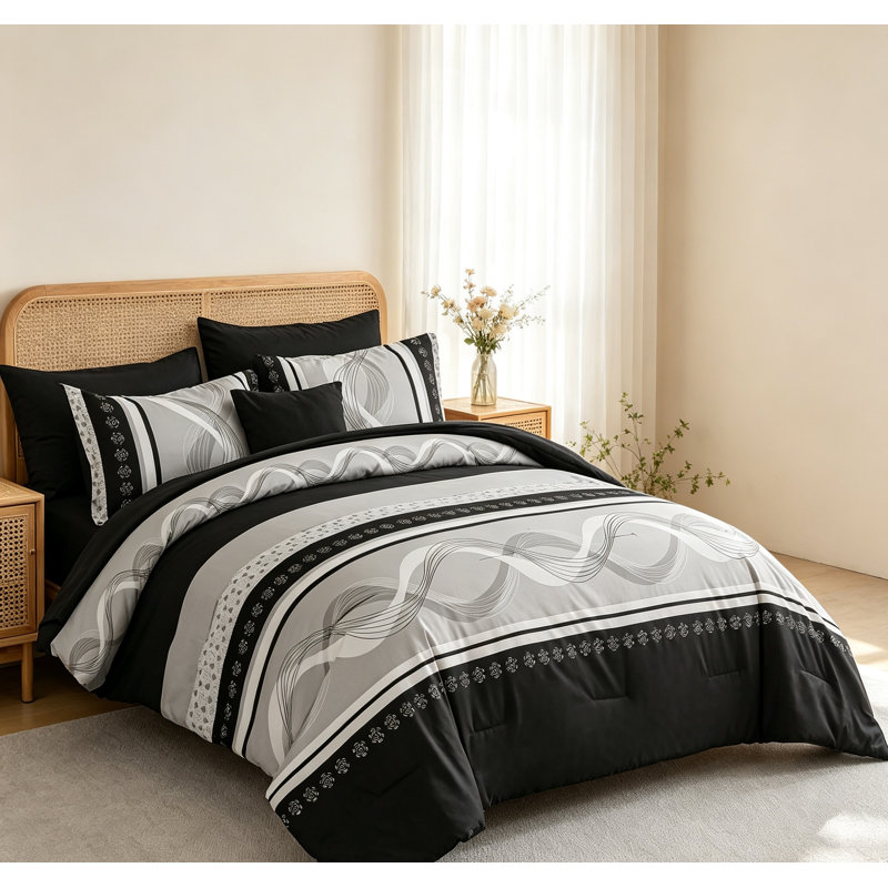 Black Comforter Set Queen 8 Piece Bed in a Bag Striped Boho
