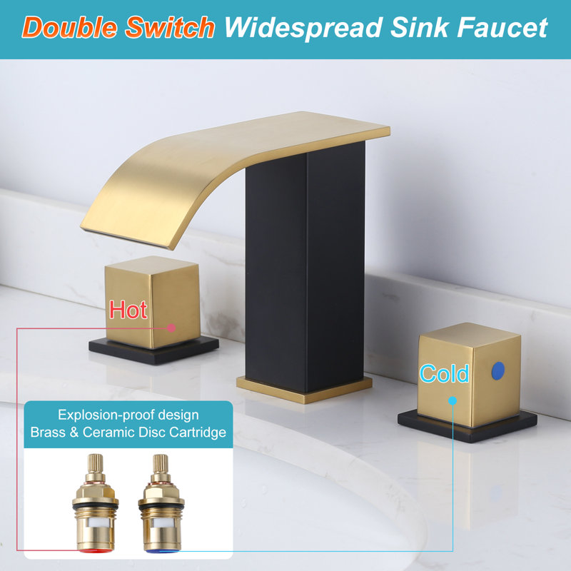 Robinet de lavabo de salle de bain à large entraxe à 3 trous, 8 pouces avec bonde escamotable et tuyau, Noir / or