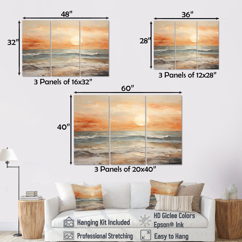 Plemmons - Coastal Sunset, ensemble d'art sur toile, H 40 po x l 60 po x P 1 po, Toile tendue