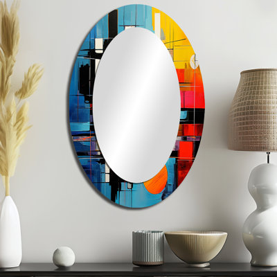 Réflexion abstraite bleue et orange Mid Century II - miroir ovale abstrait sur métal