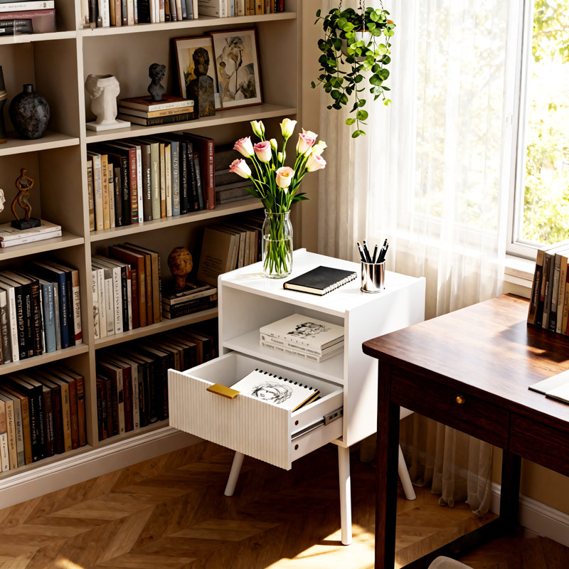 Table de bout moderne 25,5 H, table de chevet blanche avec tiroir de rangement et tablette ouverte en bois