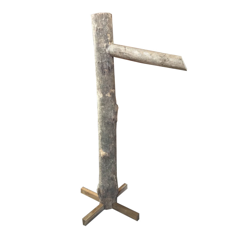Debarked Teak log pole water fountain spout, Gray Wood