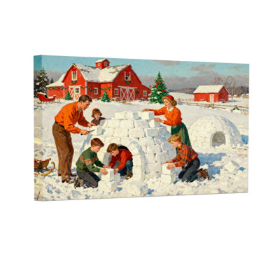 Christmas Family Building Snow Igloo Winter Scene Set of 3 Canvas Wall Art Prints