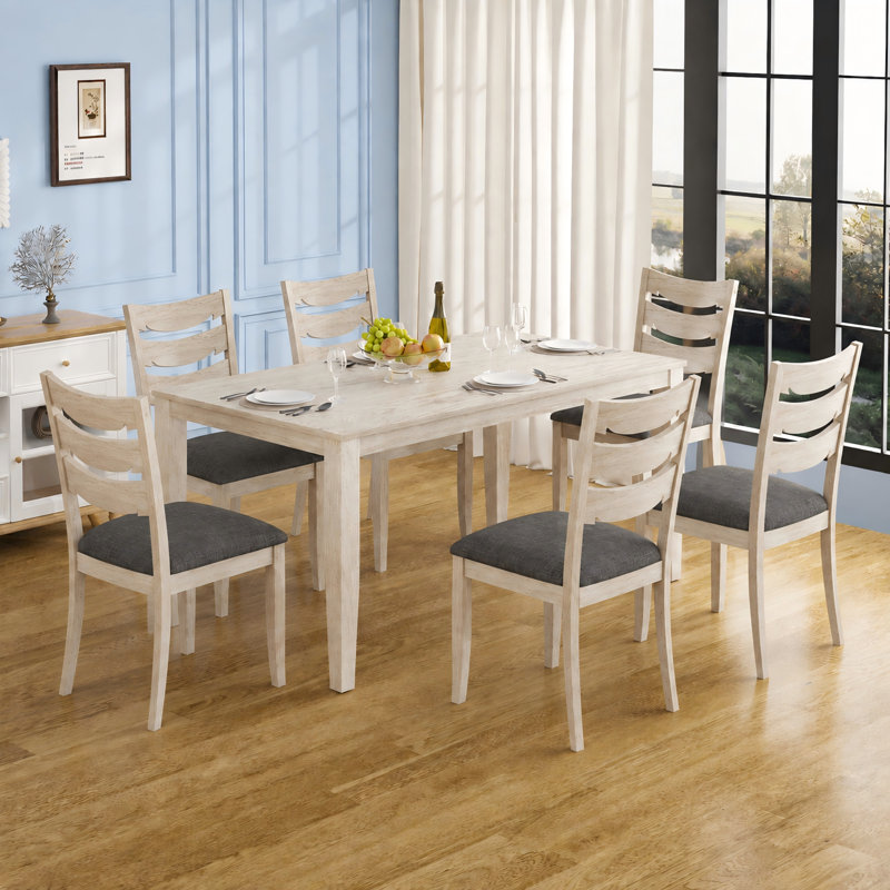 Ensemble de table de salle à manger 7 pièces en bois pour 6, 59 po Table d'hévéa en bois d'hévéa massif et 6 chaises rembourrées à dossier haut, ensemble de meubles de cuisine de style campagne moderne Mid-Century, gris / chêne délavé