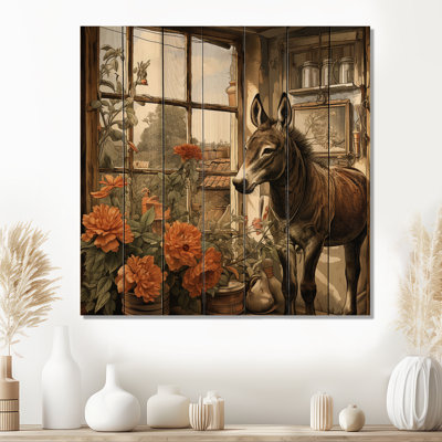Charme de ferme d'âne rétro avec fleurs orange - âne sur bois