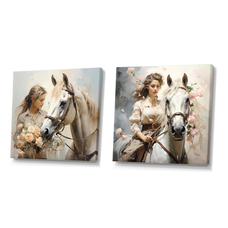 «Playful Flower Horse Beauty», ensemble de 2 animaux carrés, Toile tendue, H 16 po x l 33 po