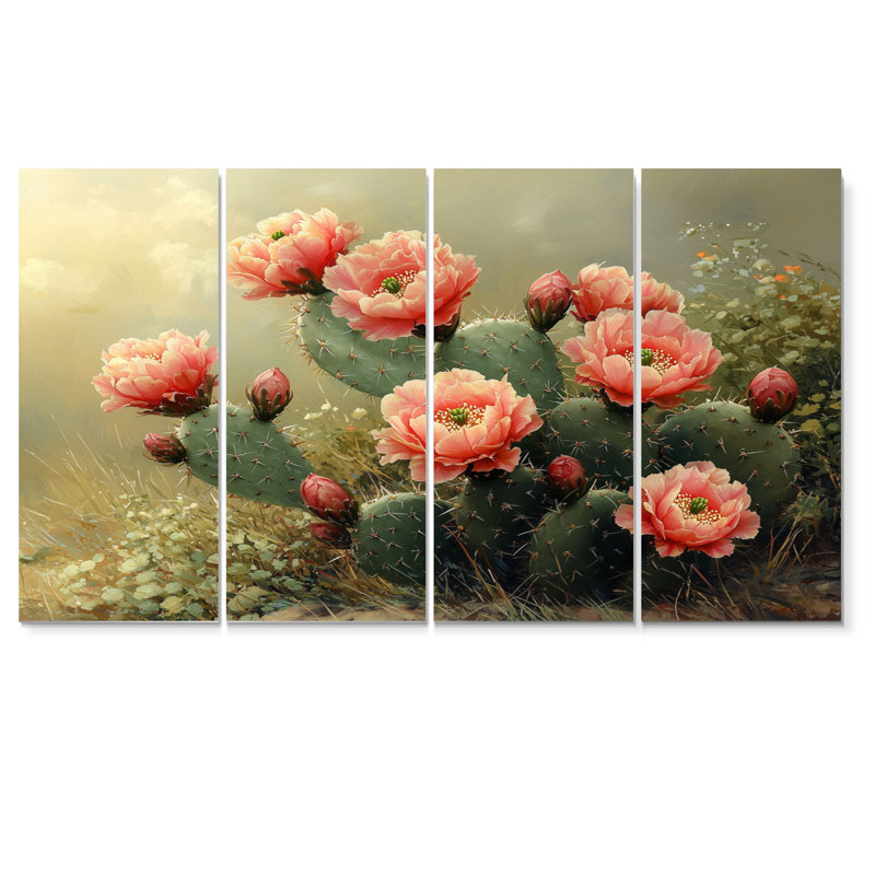 Cactus en pleine floraison à l'aube II - décoration murale cactus floral - art mural traditionnel, H 32 po x l 64 po, 4