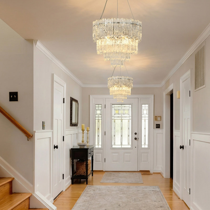 Crystal & Glass Pendant, Height-Adjustable, Sloped-Ceiling Ready, 3 Tiers, 39cm H × 38cm W × 38cm D, 4 Lights