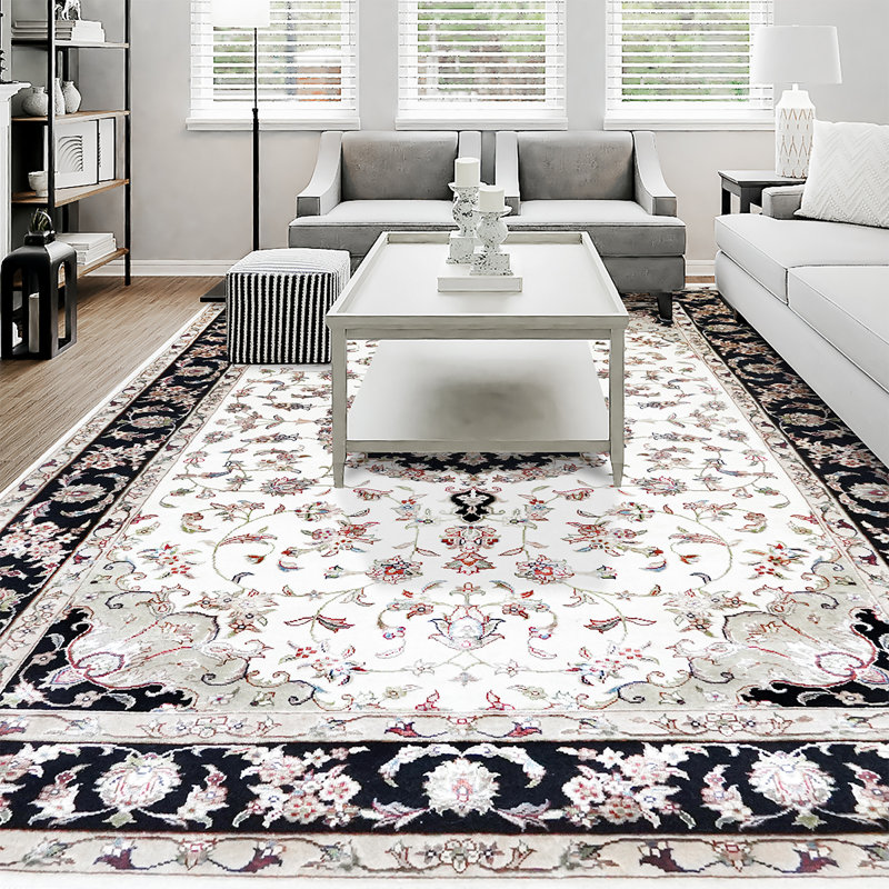 Hand-Knotted High-Quality White and Black Area Rug